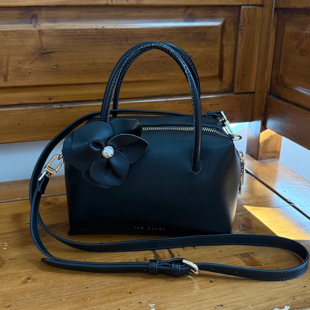 Ted Baker London Small Black Leather Satchel with Flower Accent